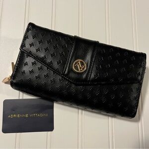 Adrienne Vittadini Black Embossed Logo Zip Around Wallet Clutch Like New